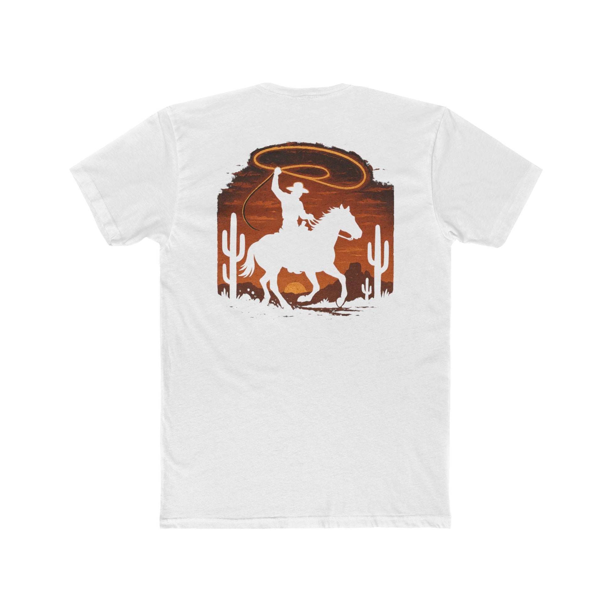 White t-shirt with graphic of a cowboy twirling his lasso on a desert landscape at sundown #white