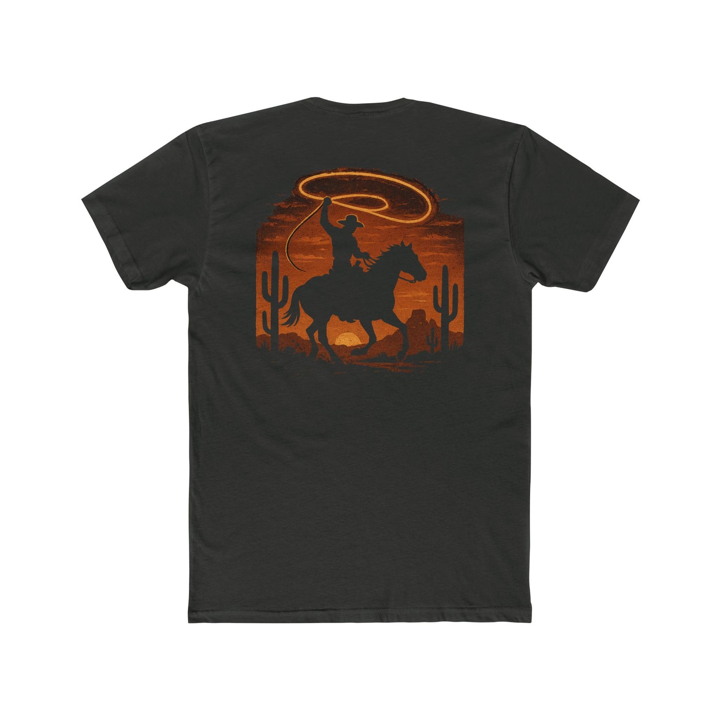 Vintage Black t-shirt with graphic of a cowboy twirling his lasso on a desert landscape at sundown #vintageblack
