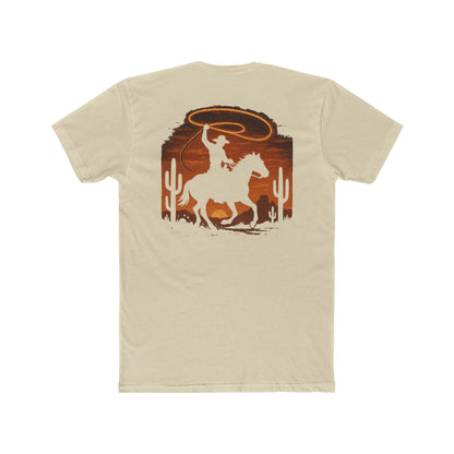 Cream t-shirt with graphic of a cowboy twirling his lasso on a desert landscape at sundown #cream