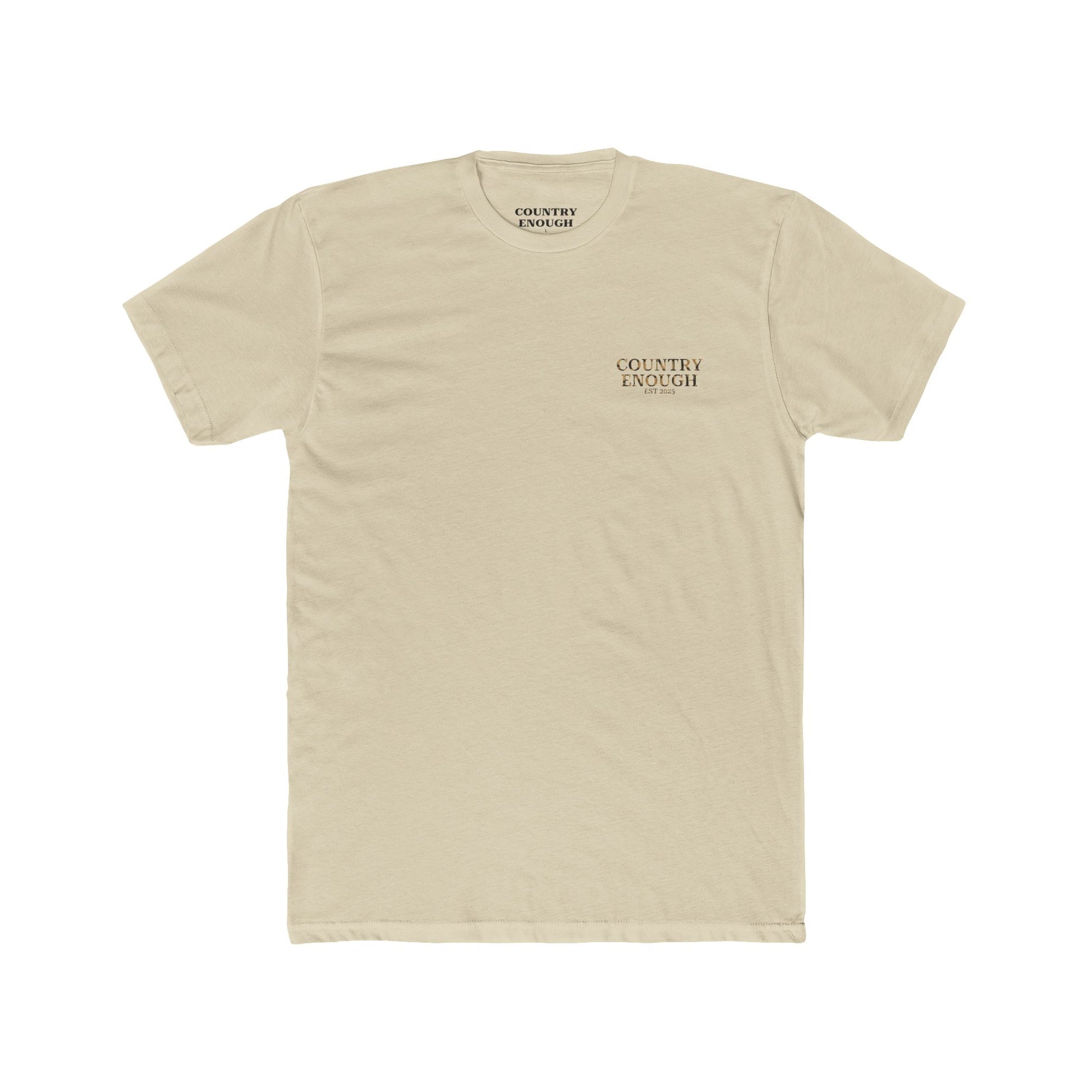 Cream t-shirt with graphic of a skull with cowboy hat and bandana surround by aztec print #cream