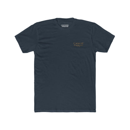 Indigo t-shirt with graphic of a skull with cowboy hat and bandana surround by aztec print #indigo