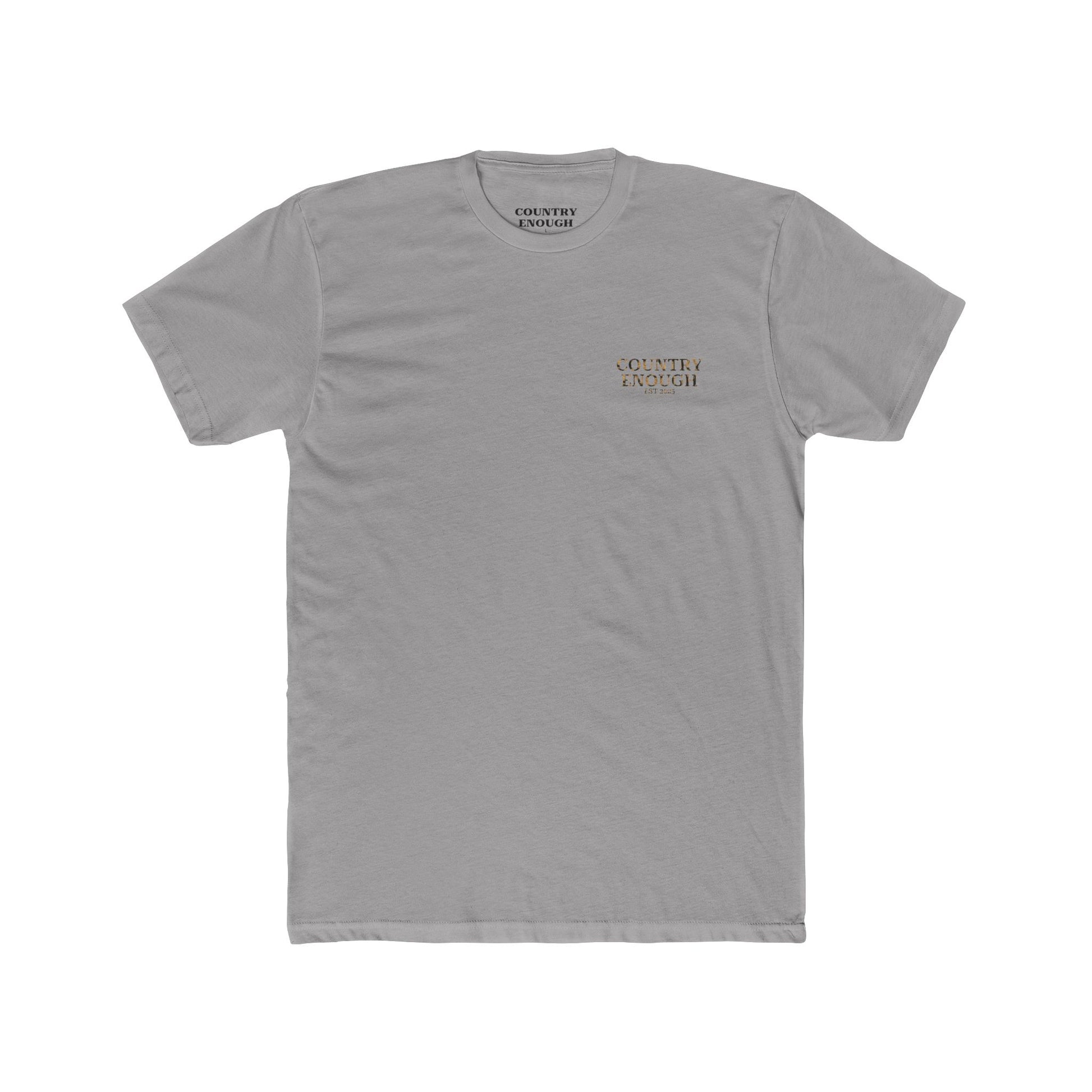 Gray t-shirt with graphic of a skull with cowboy hat and bandana surround by aztec print #gray