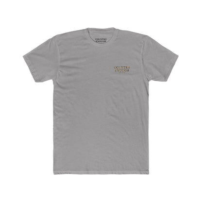 Gray t-shirt with graphic of a skull with cowboy hat and bandana surround by aztec print #gray