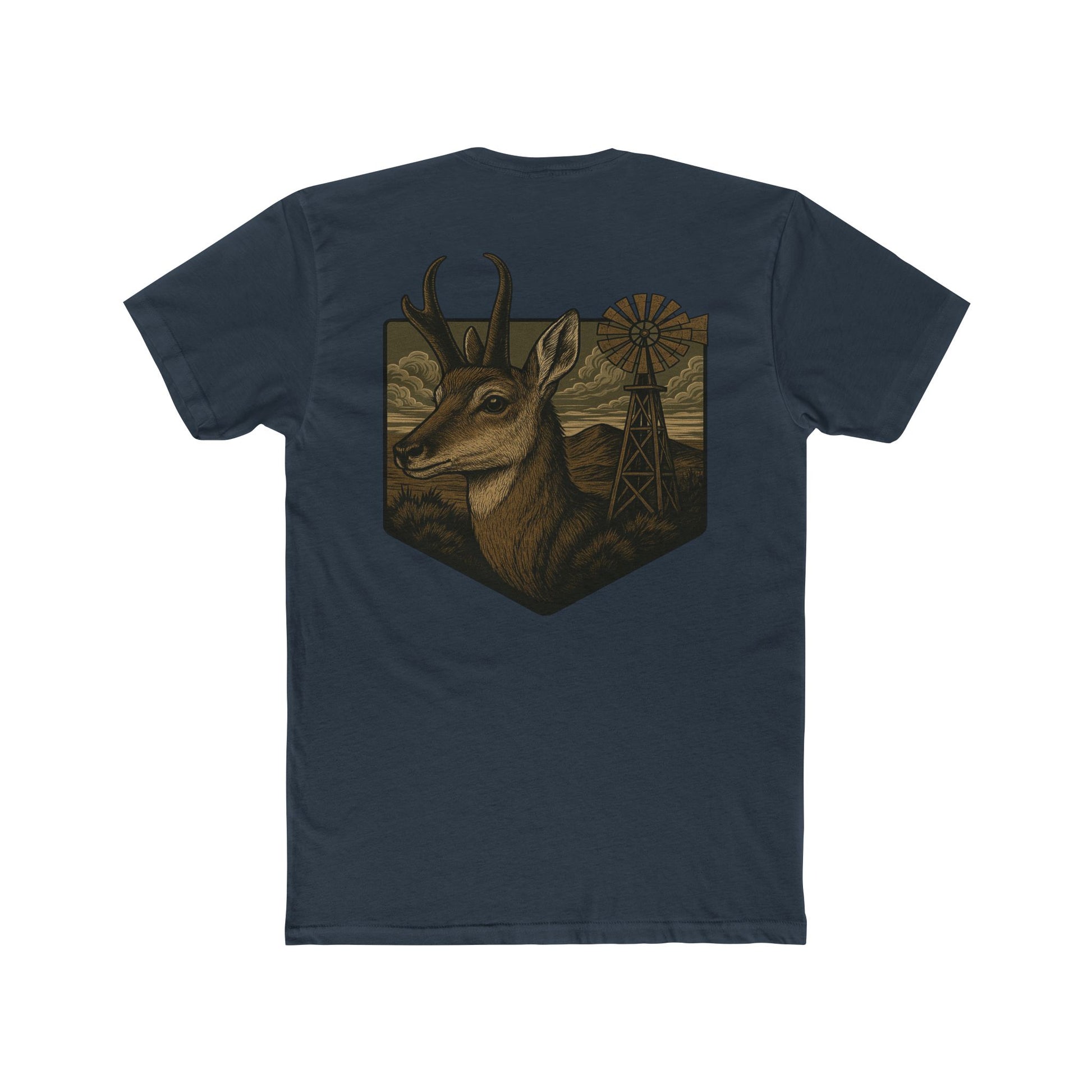 Indigo t-shirt with graphic of pronghorn and windmill over an open range #indigo