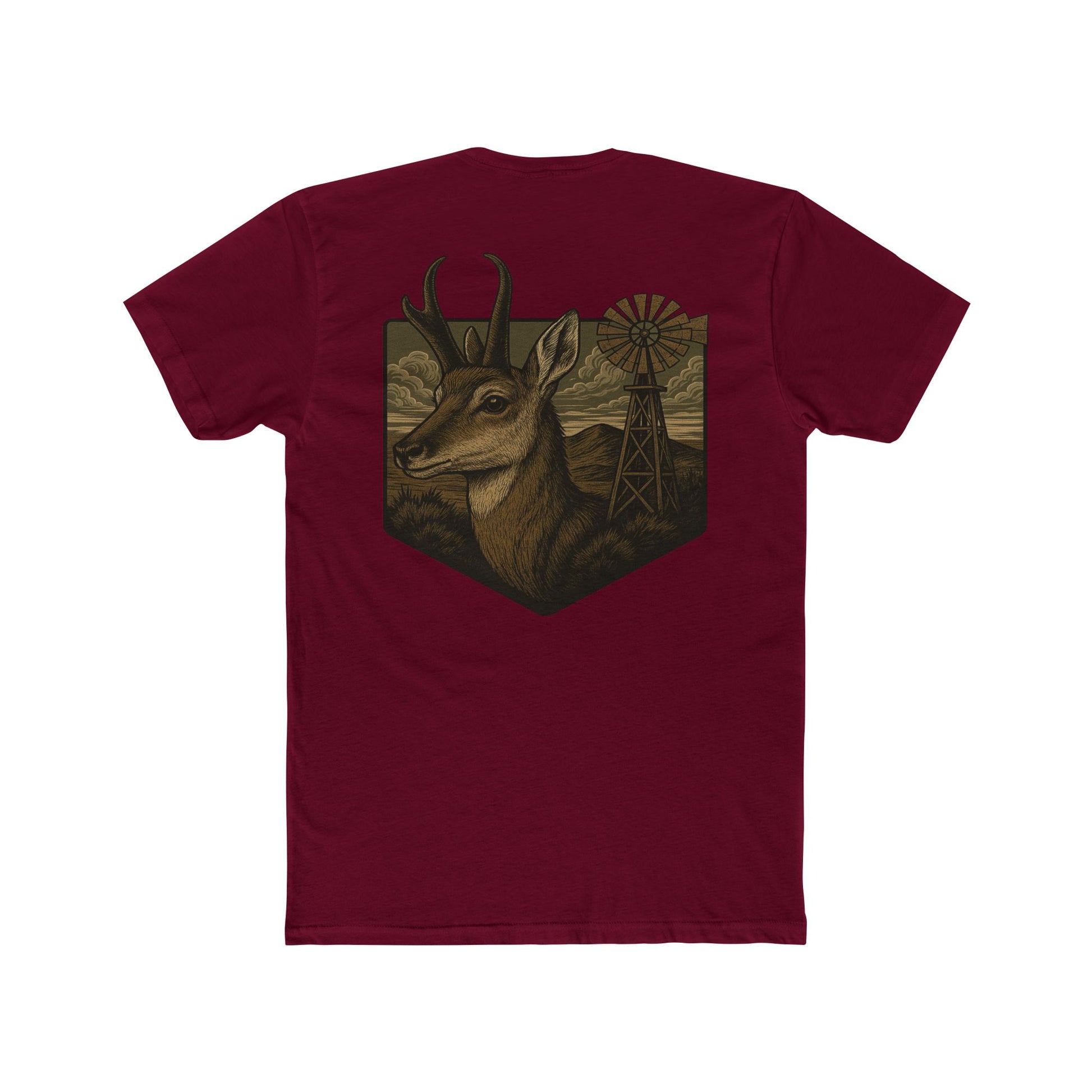 Cardinal Red t-shirt with graphic of pronghorn and windmill over an open range #cardinalred
