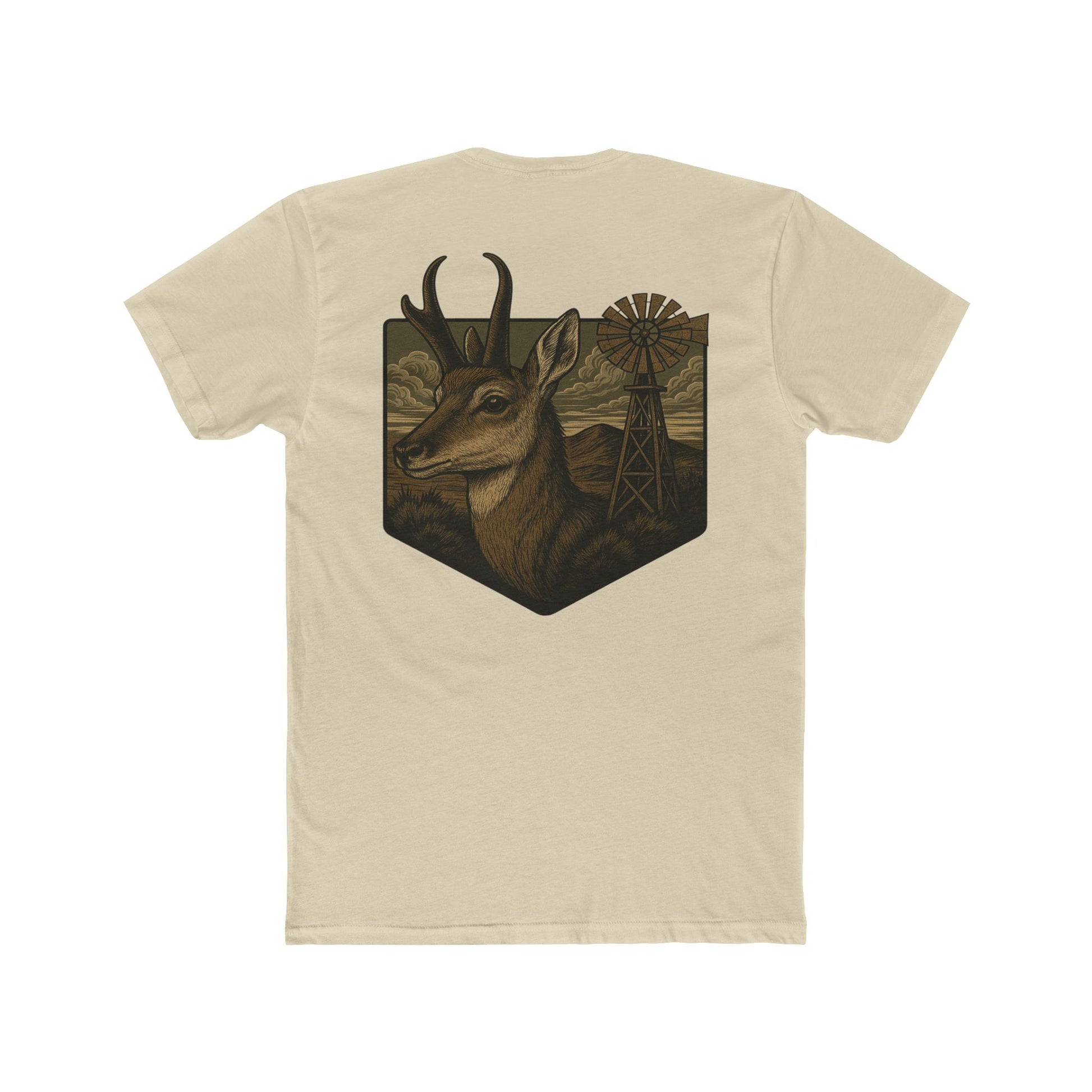 Cream t-shirt with graphic of pronghorn and windmill over an open range #cream