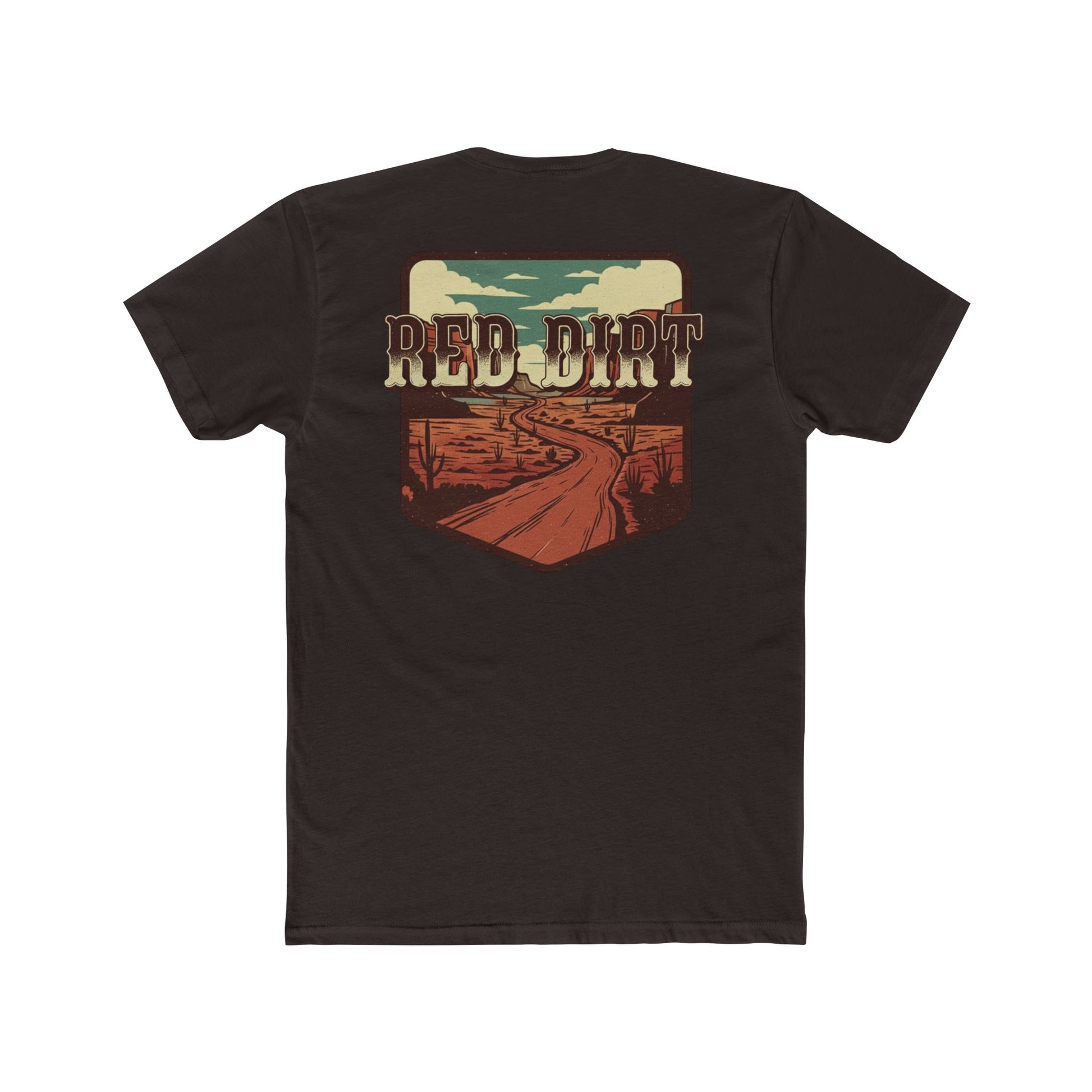 Dark Brown t-shirt with 'Red Dirt' graphic design and desert landscape #darkbrown