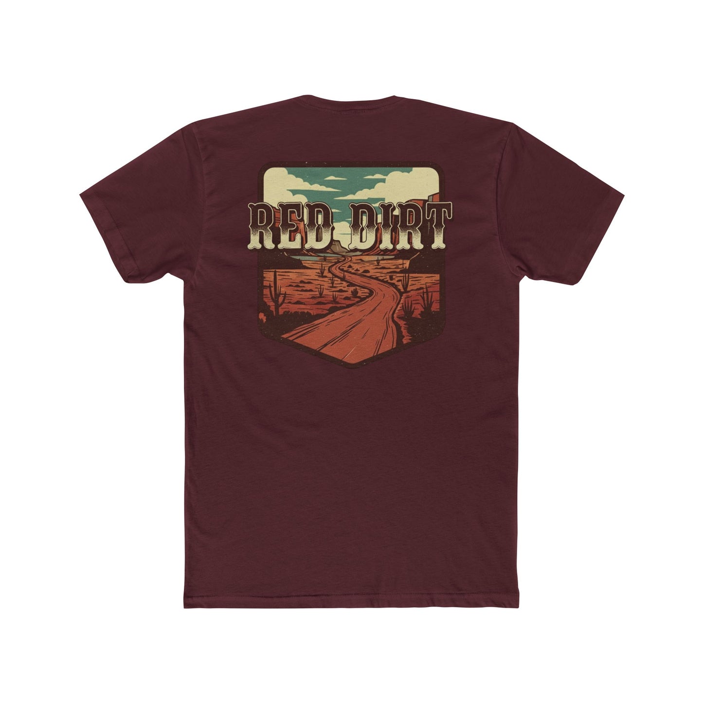 Maroon t-shirt with 'Red Dirt' graphic design and desert landscape #maroon