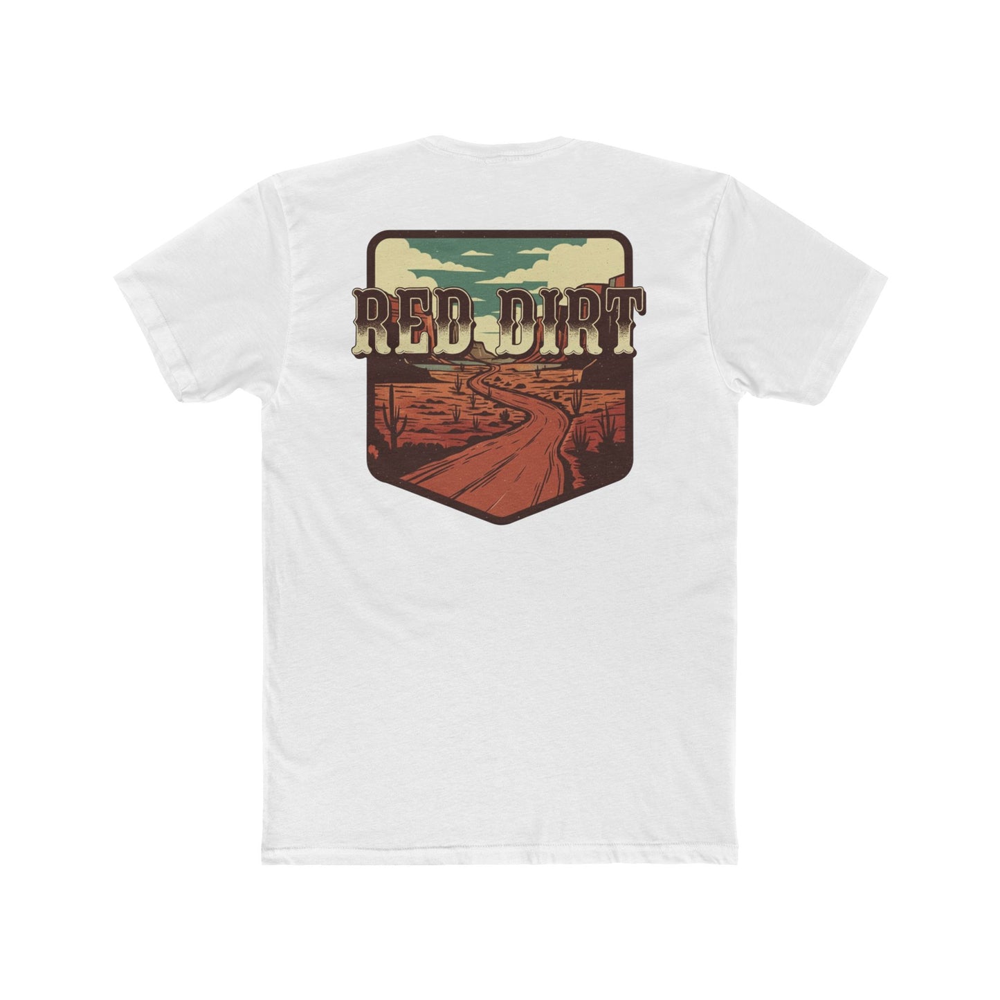 White t-shirt with 'Red Dirt' graphic design and desert landscape #white