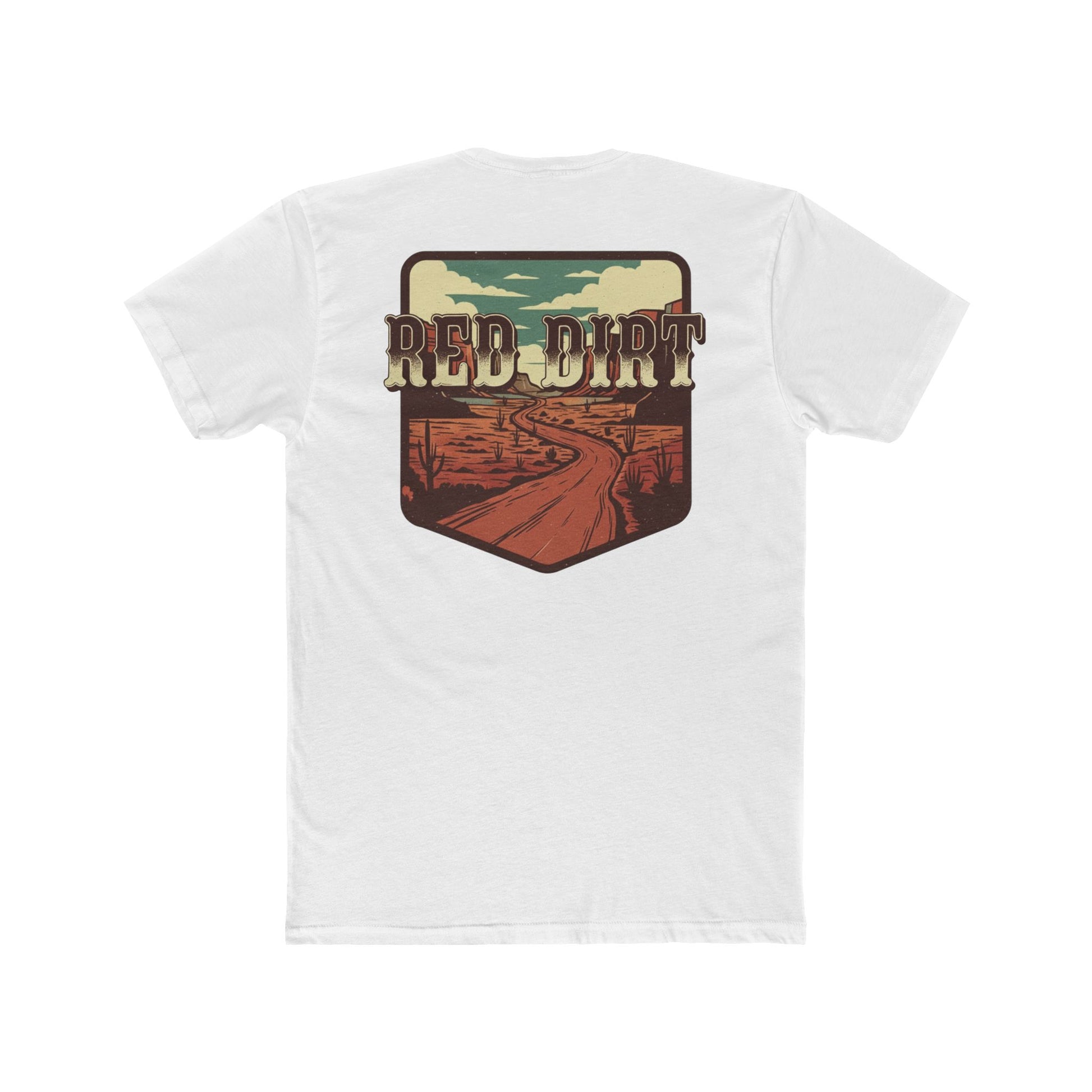 White t-shirt with 'Red Dirt' graphic design and desert landscape #white