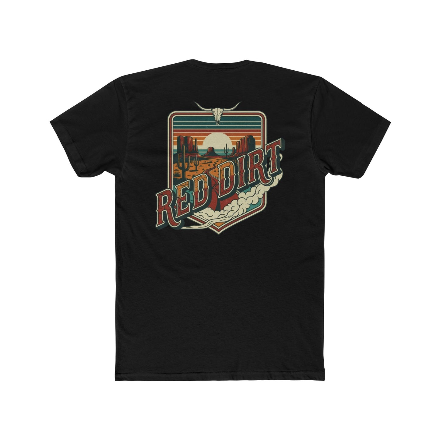 Black t-shirt with words red dirt and graphic of longhorn skull and desert landscape #black