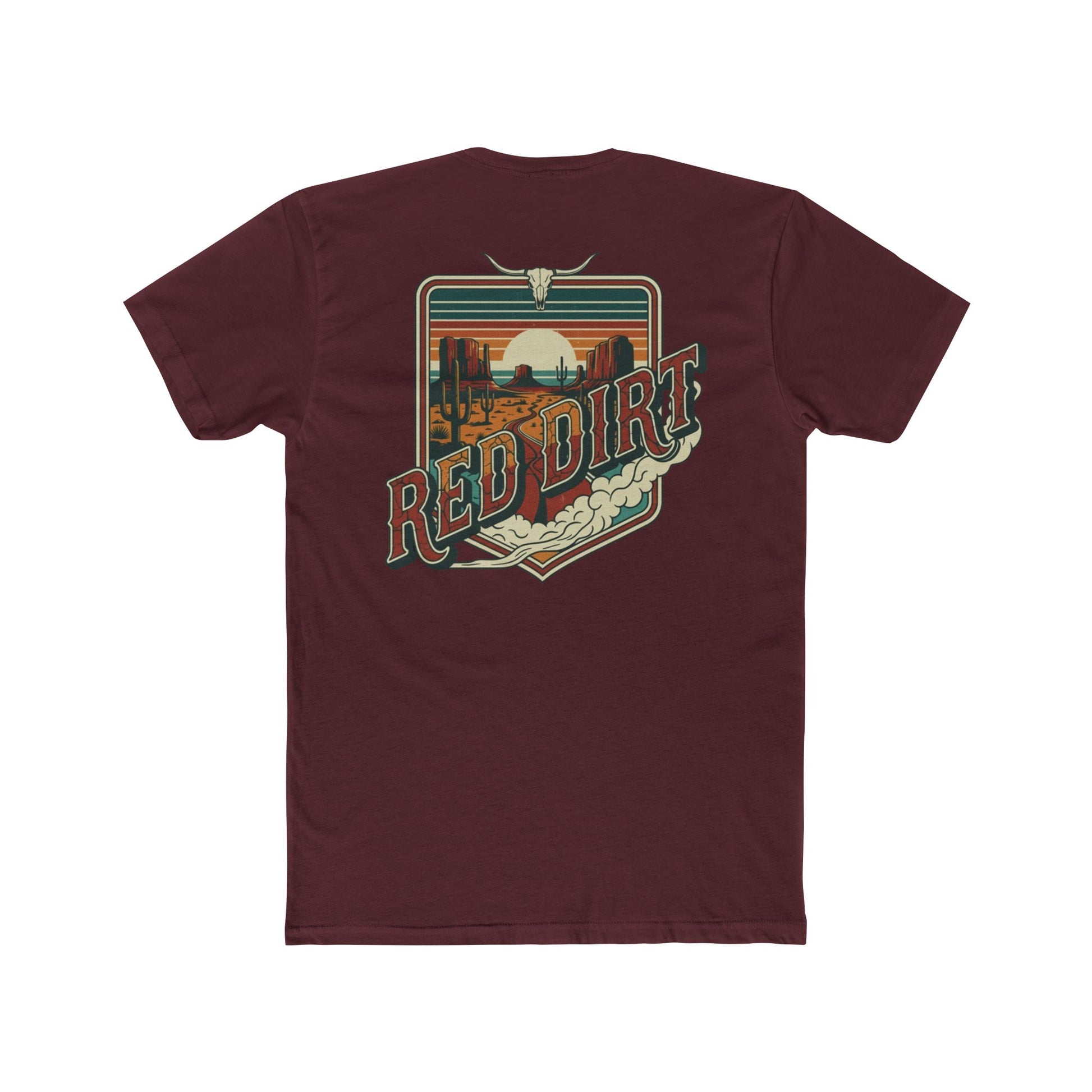 Maroon t-shirt with words red dirt and graphic of longhorn skull and desert landscape #maroon