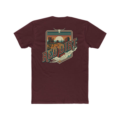 Maroon t-shirt with words red dirt and graphic of longhorn skull and desert landscape #maroon