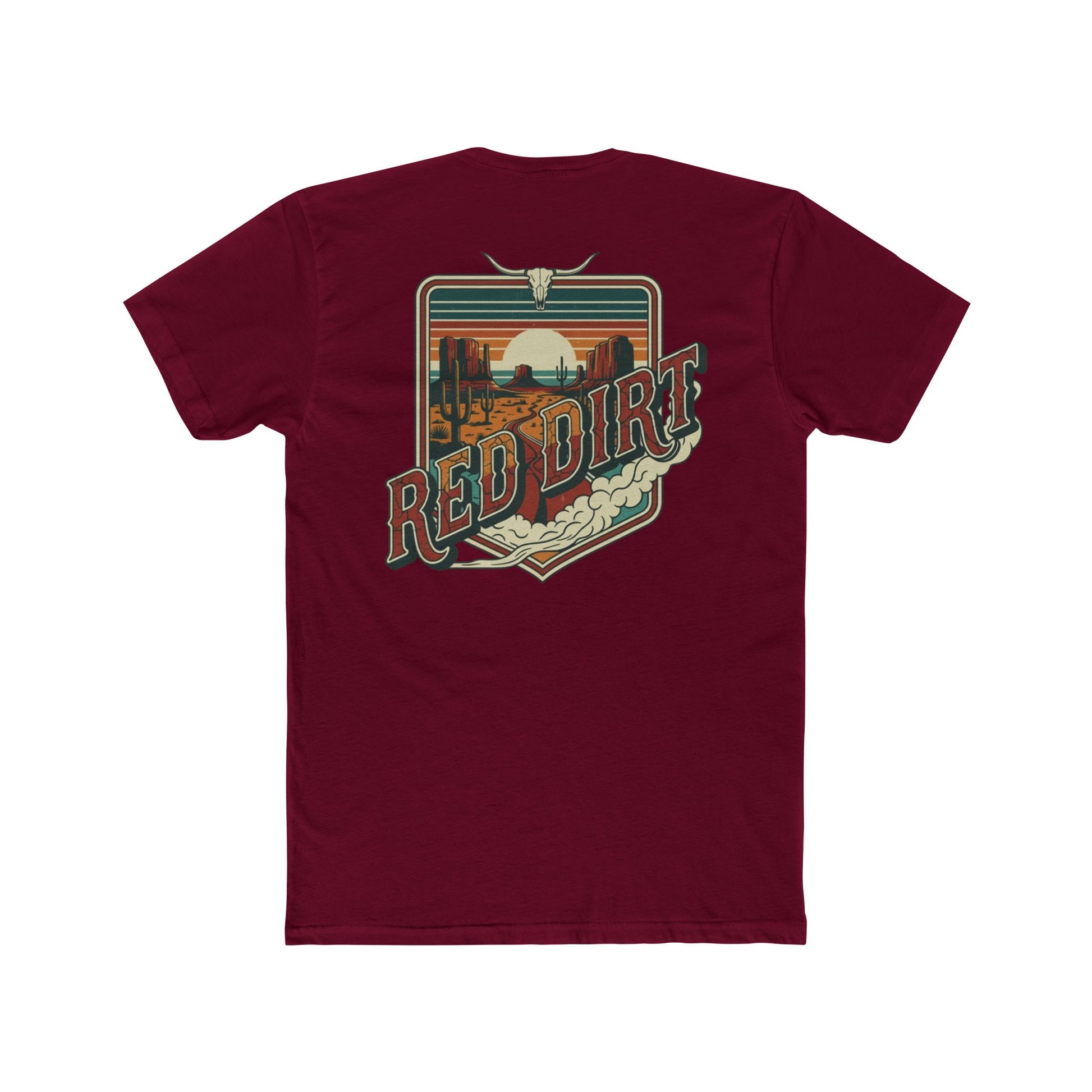 Cardinal red t-shirt with words red dirt and graphic of longhorn skull and desert landscape #cardinalred