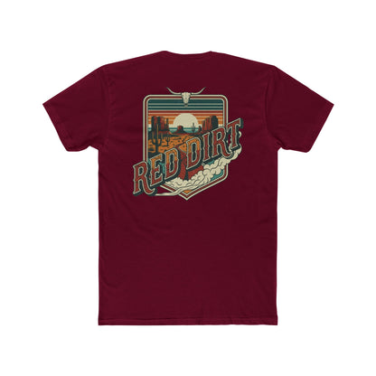 Cardinal red t-shirt with words red dirt and graphic of longhorn skull and desert landscape #cardinalred