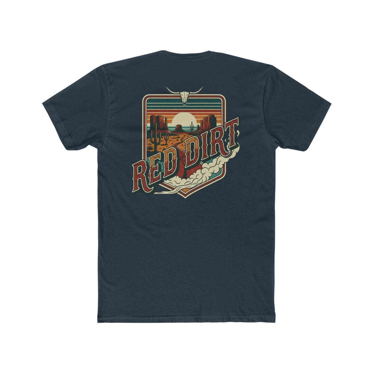 Indigo t-shirt with words red dirt and graphic of longhorn skull and desert landscape #indigo