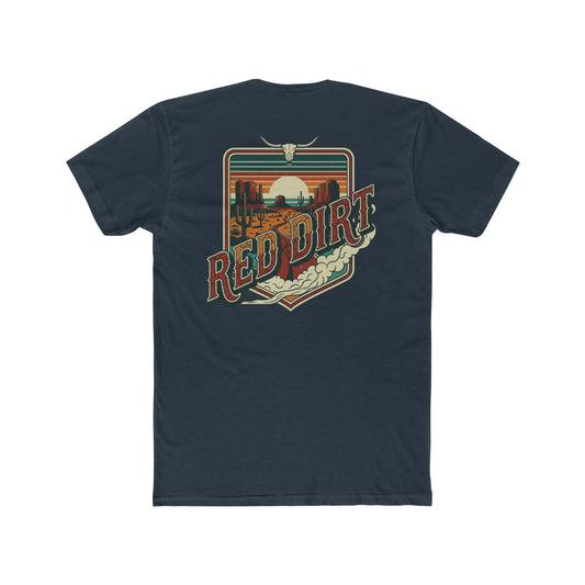 Indigo t-shirt with words red dirt and graphic of longhorn skull and desert landscape #indigo