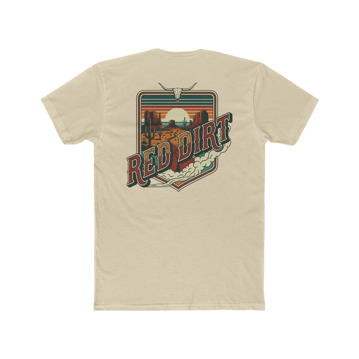 Cream t-shirt with words red dirt and graphic of longhorn skull and desert landscape #cream