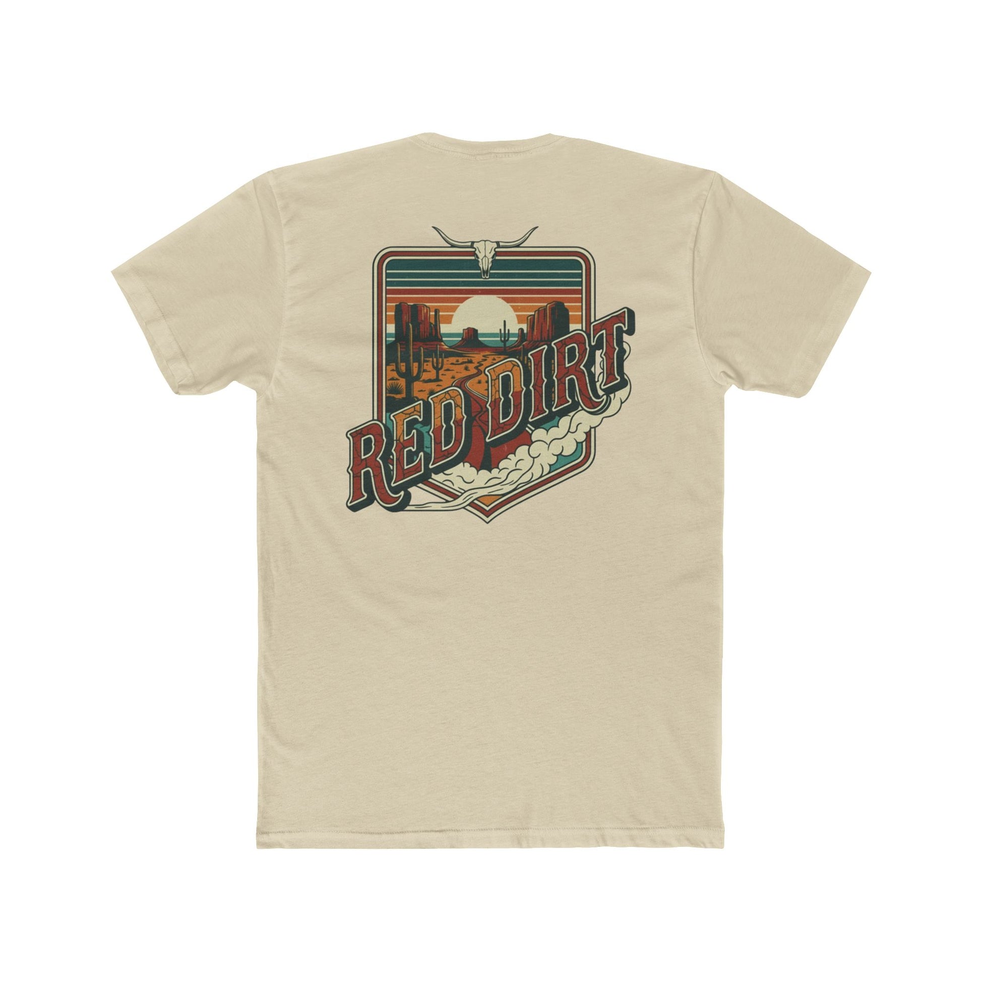 Cream t-shirt with words red dirt and graphic of longhorn skull and desert landscape #cream
