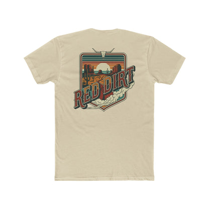 Cream t-shirt with words red dirt and graphic of longhorn skull and desert landscape #cream
