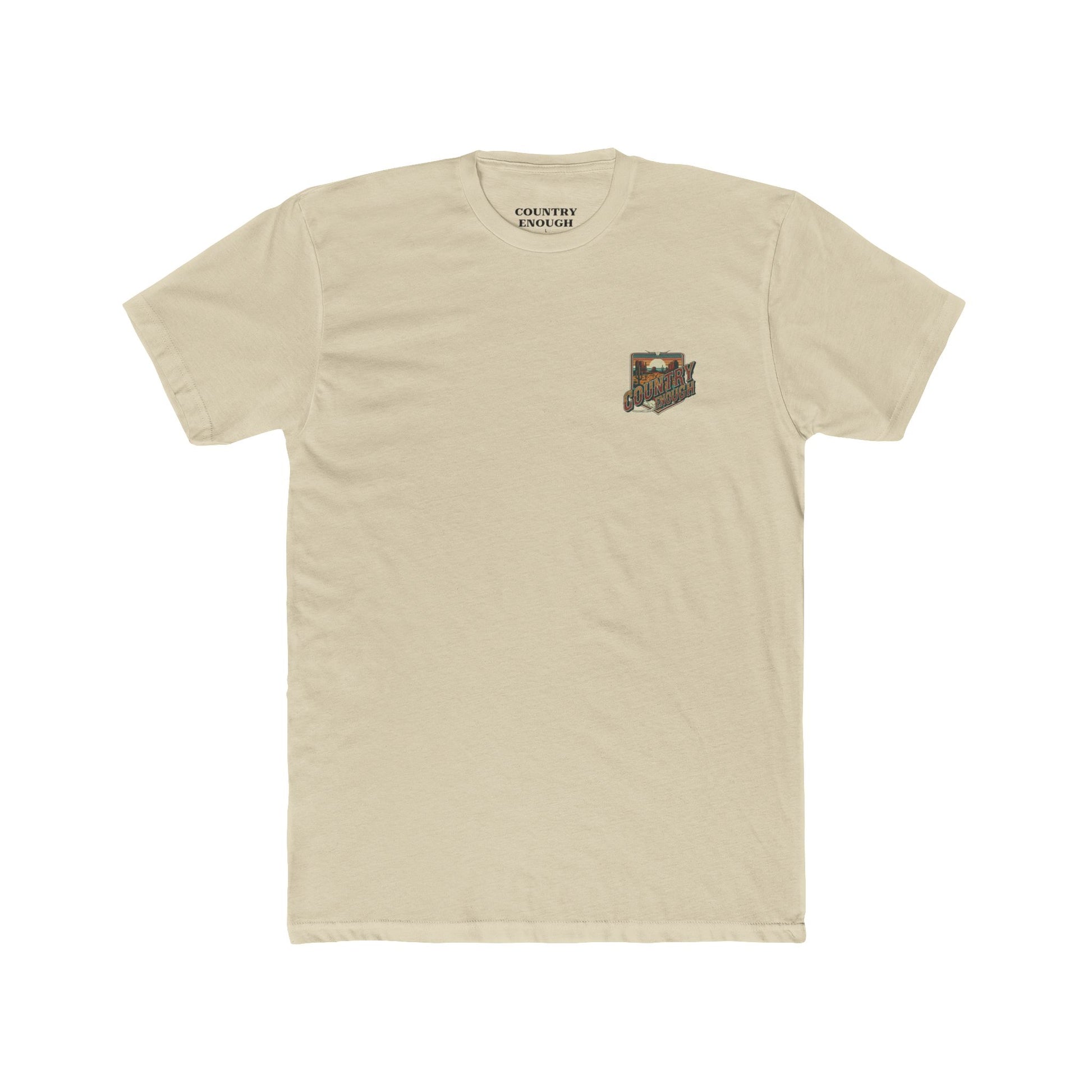 Cream t-shirt with words red dirt and graphic of longhorn skull and desert landscape #cream