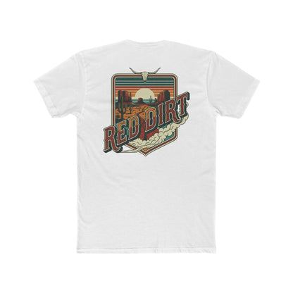 White t-shirt with words red dirt and graphic of longhorn skull and desert landscape #white