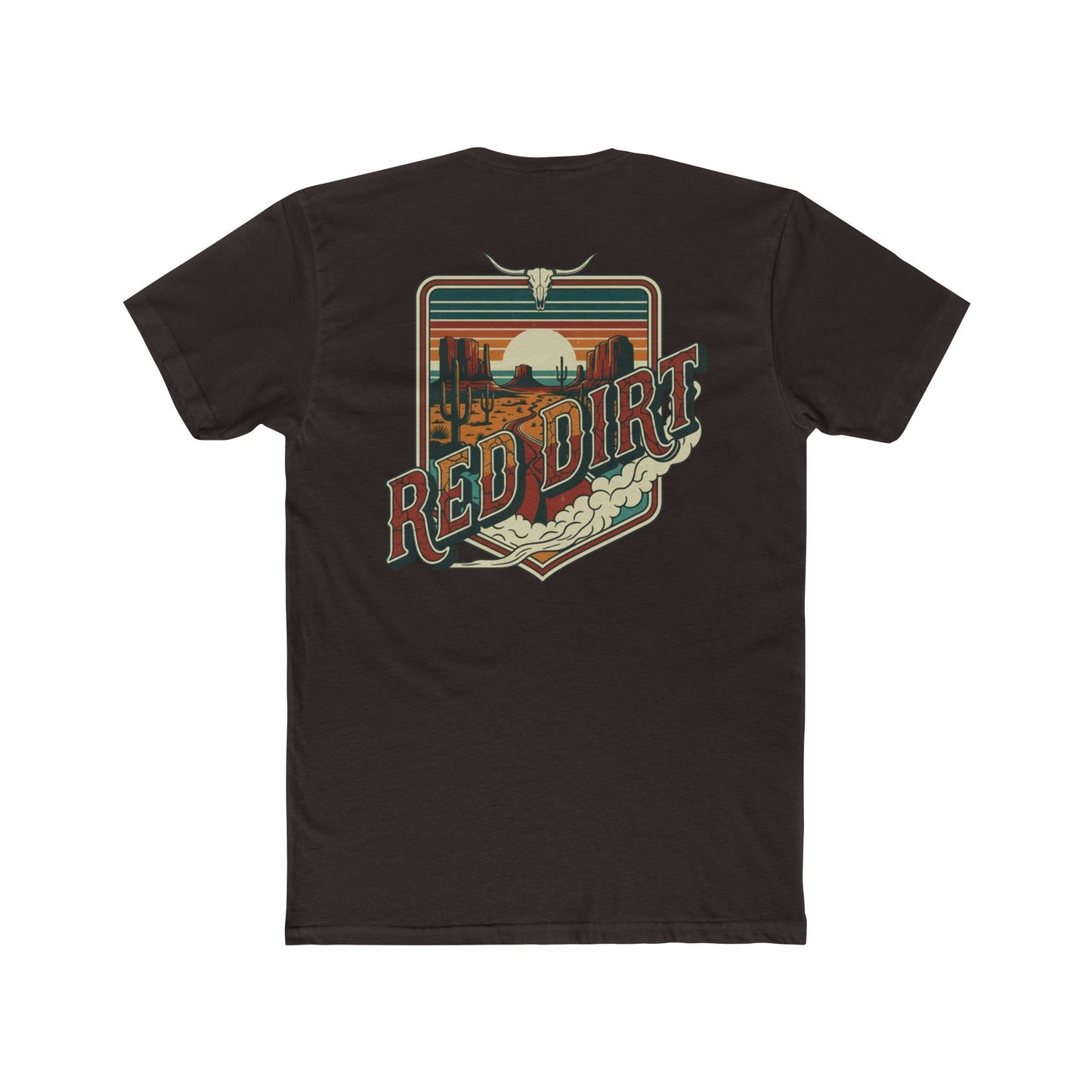 Dark brown t-shirt with words red dirt and graphic of longhorn skull and desert landscape #darkbrown