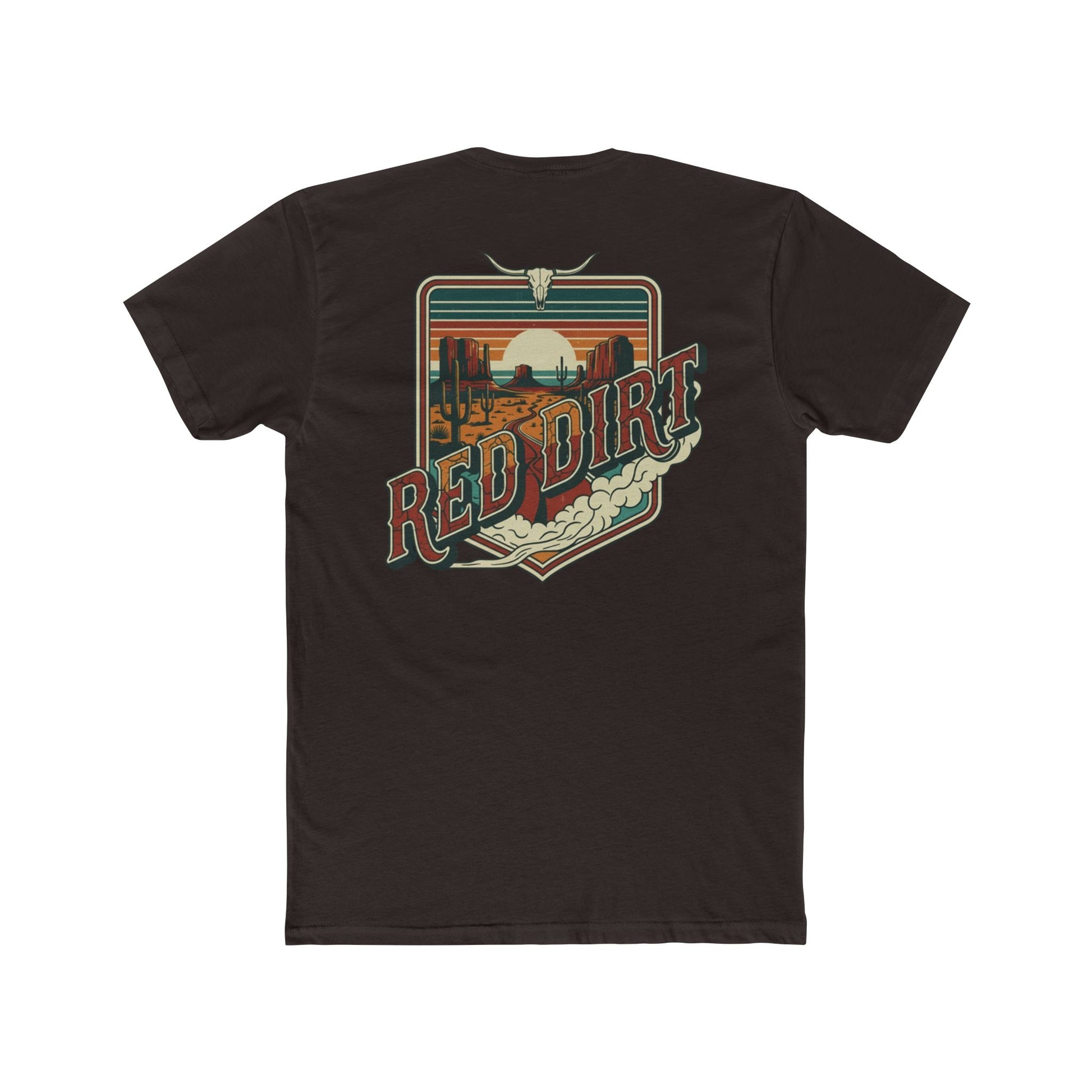 Dark brown t-shirt with words red dirt and graphic of longhorn skull and desert landscape #darkbrown