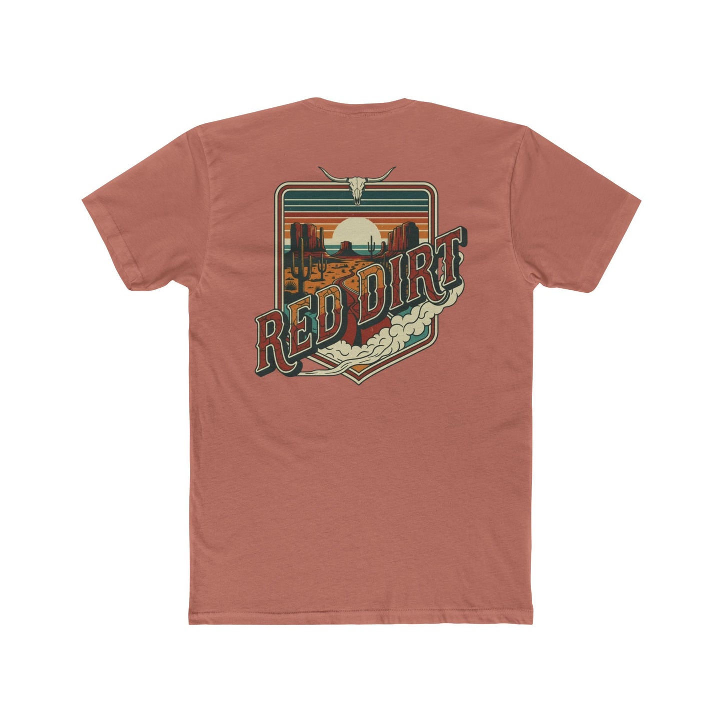 Desert Pink t-shirt with words red dirt and graphic of longhorn skull and desert landscape #desertpink