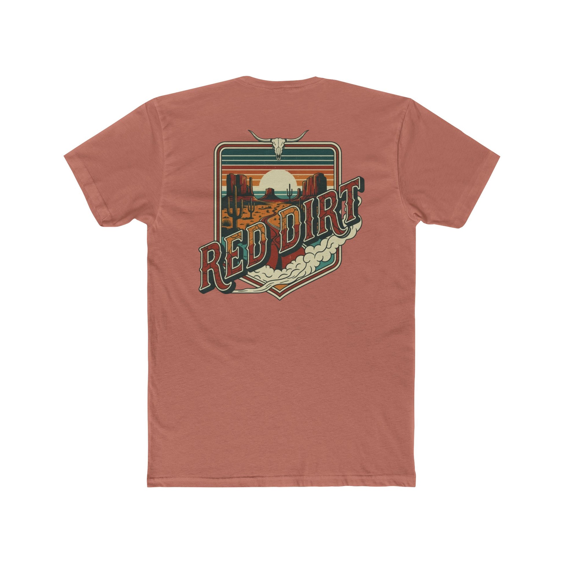 Desert Pink t-shirt with words red dirt and graphic of longhorn skull and desert landscape #desertpink