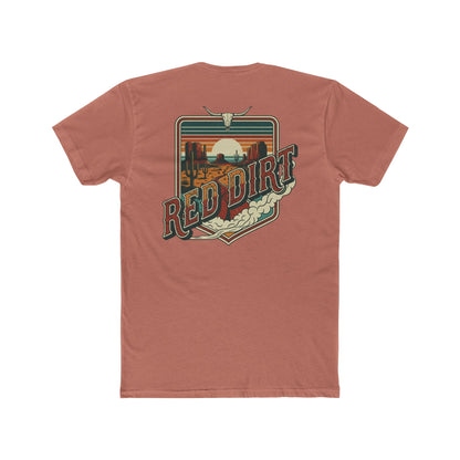 Desert Pink t-shirt with words red dirt and graphic of longhorn skull and desert landscape #desertpink