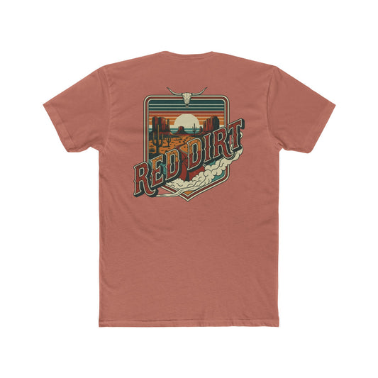 Desert Pink t-shirt with words red dirt and graphic of longhorn skull and desert landscape #desertpink