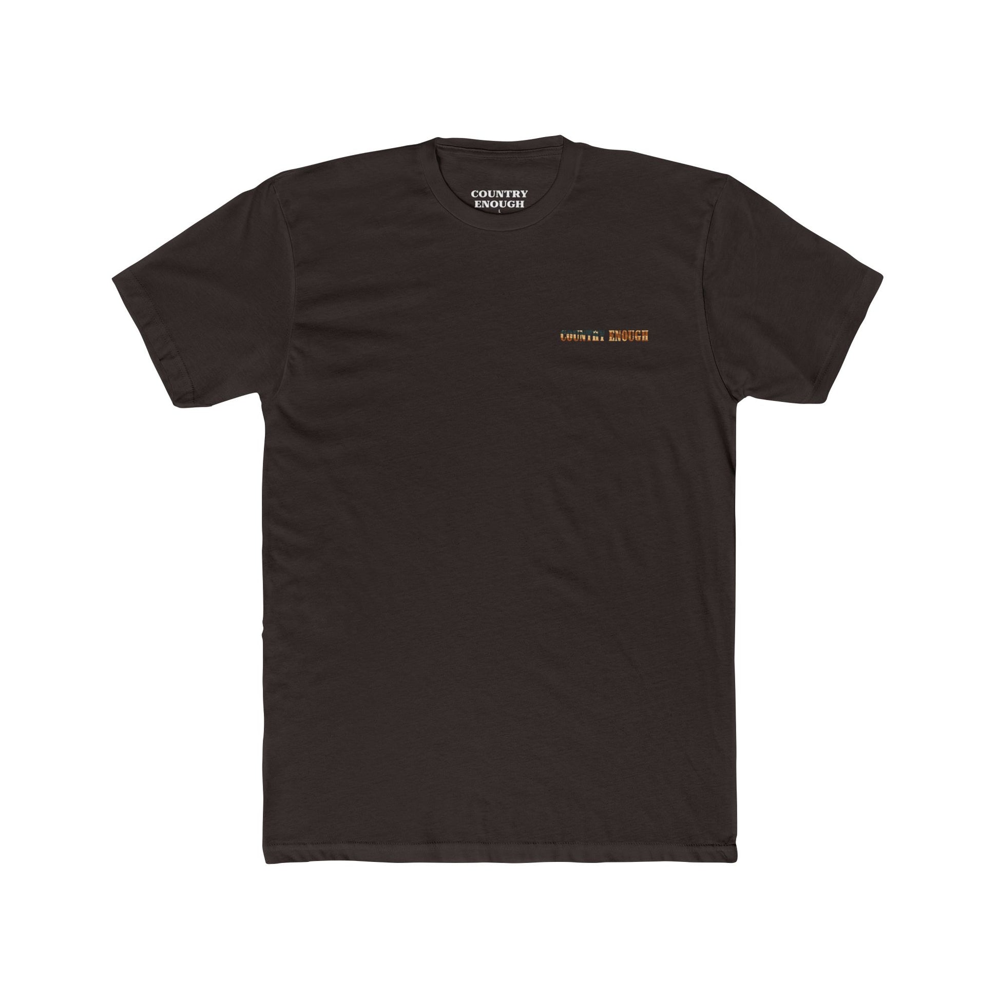 Dark Brown t-shirt with graphic of western horse and rider holding the American flag in the desert with cacti at sunset #darkbrown