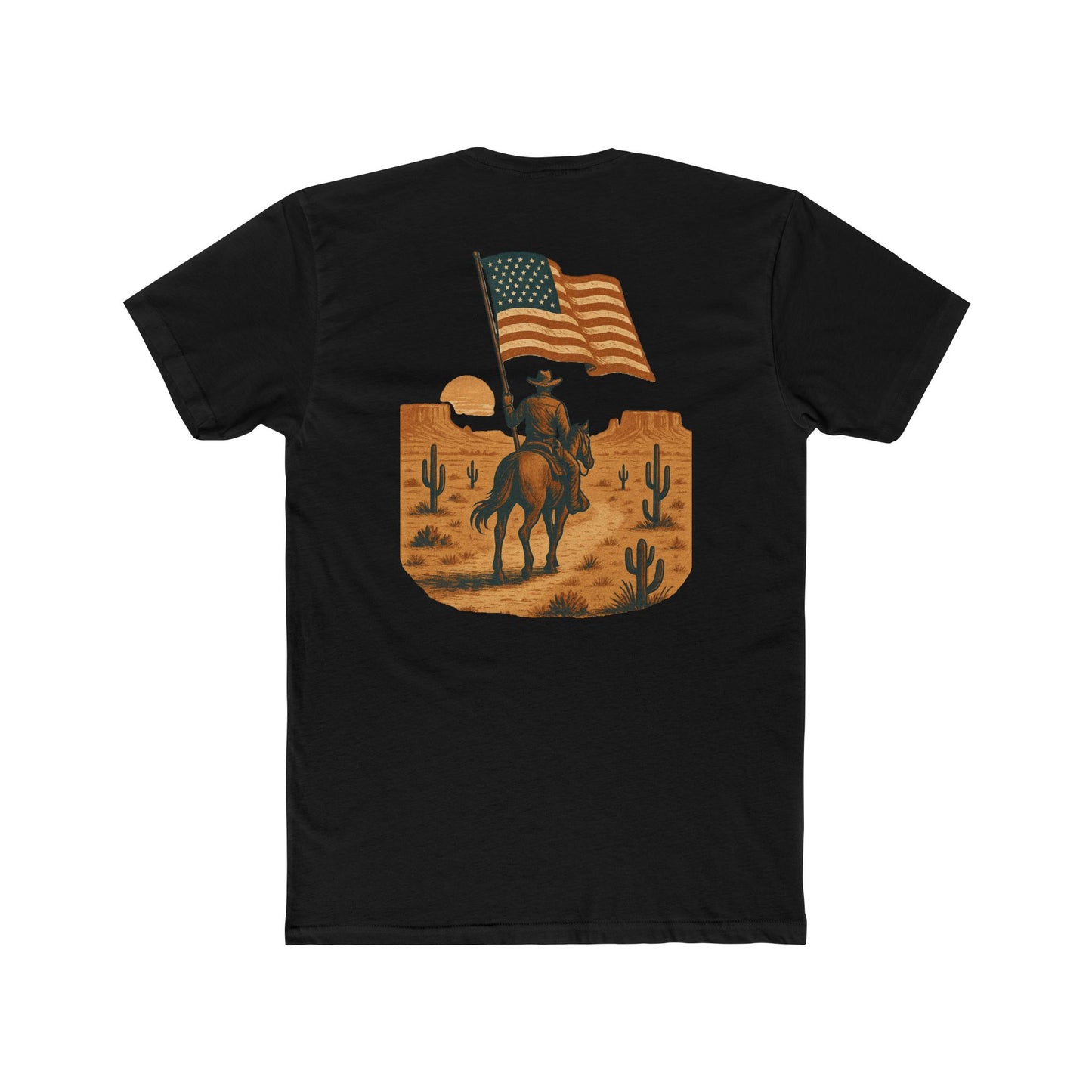 Black t-shirt with graphic of western horse and rider holding the American flag in the desert with cacti at sunset #black