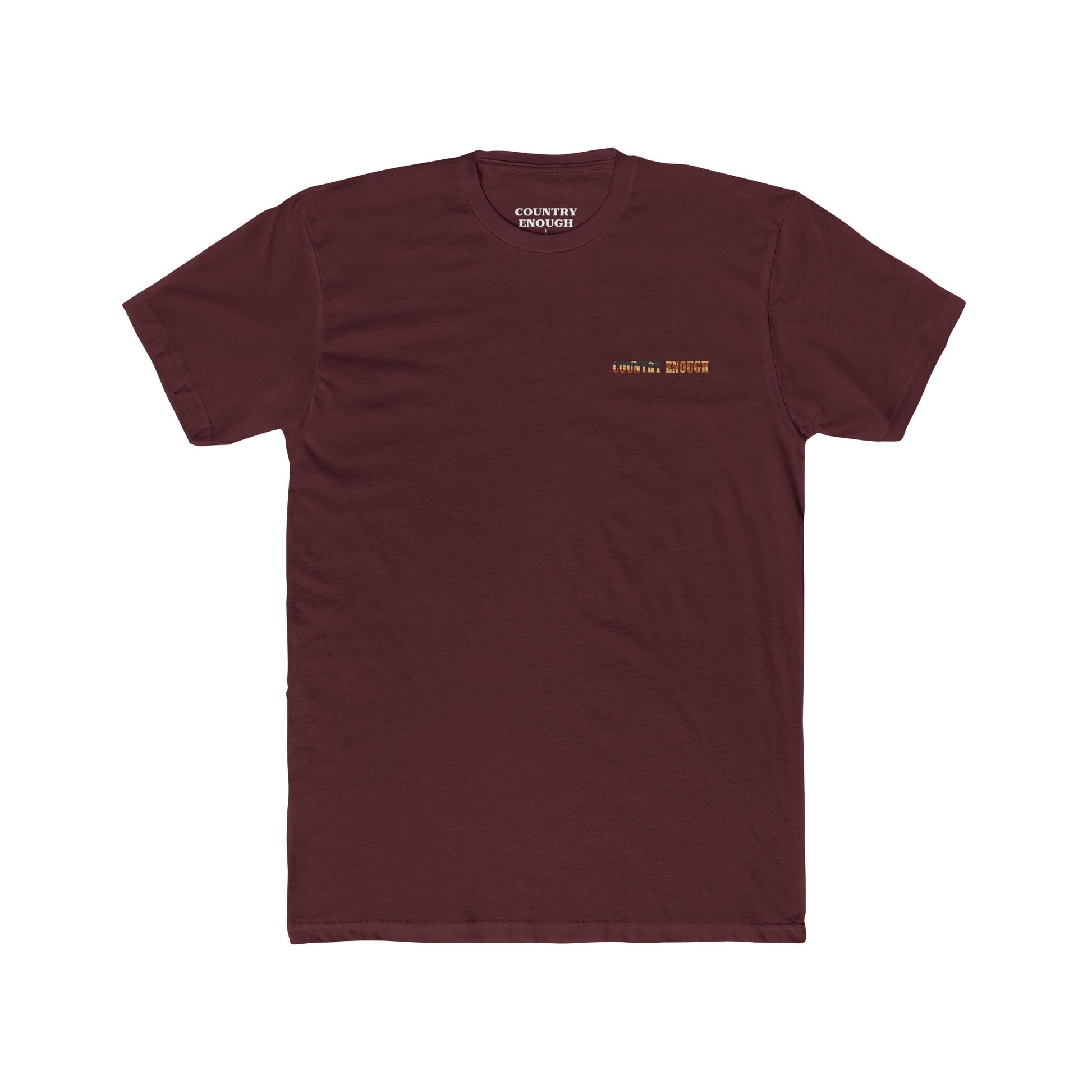 Maroon t-shirt with graphic of western horse and rider holding the American flag in the desert with cacti at sunset #maroon