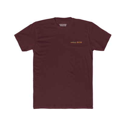 Maroon t-shirt with graphic of western horse and rider holding the American flag in the desert with cacti at sunset #maroon