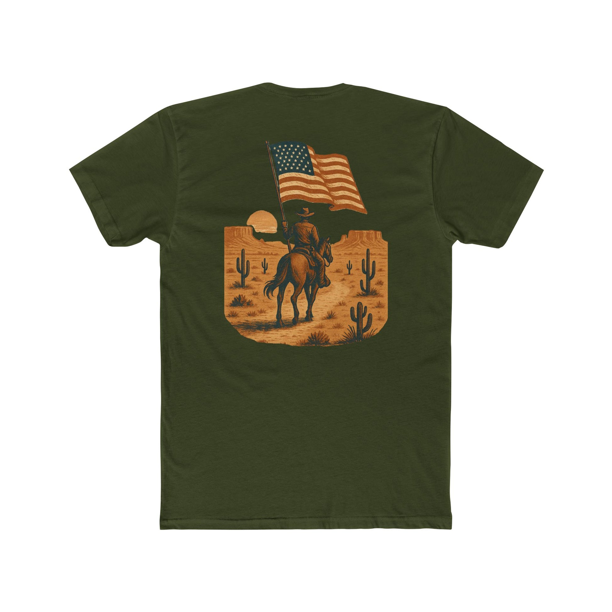Military Green t-shirt with graphic of western horse and rider holding the American flag in the desert with cacti at sunset #militarygreen