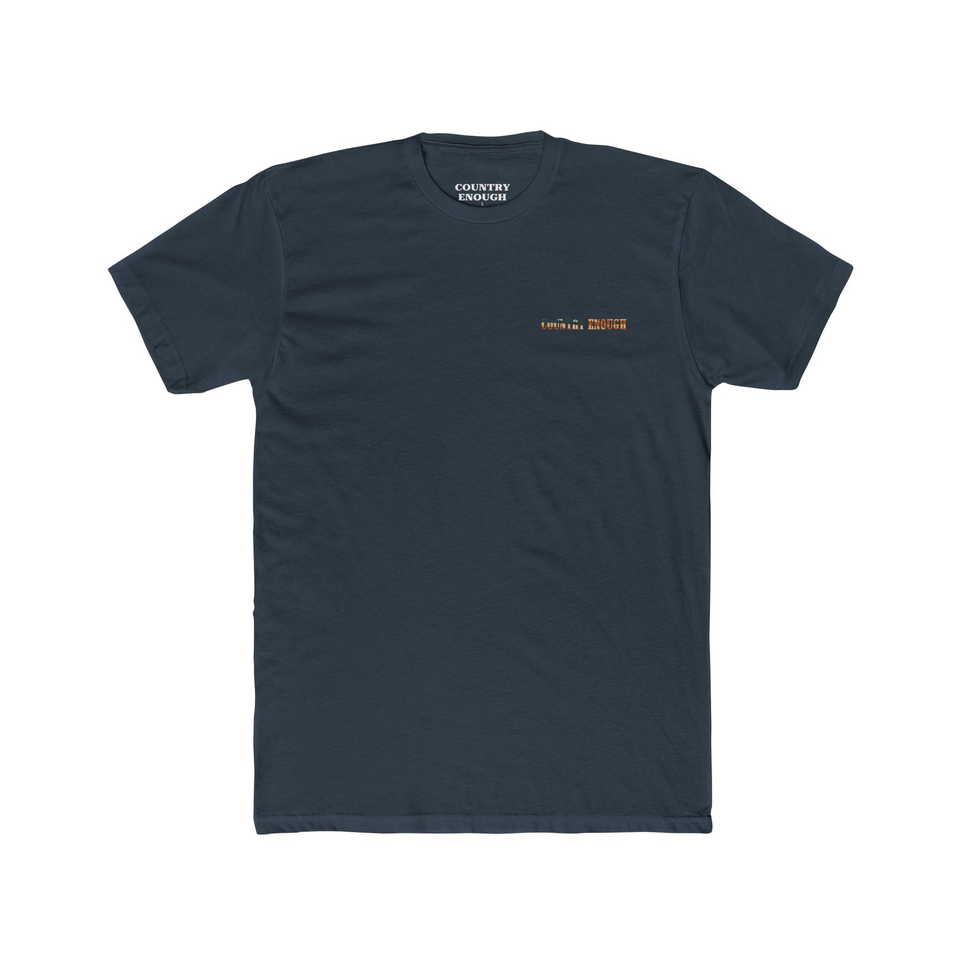 Indigo t-shirt with graphic of western horse and rider holding the American flag in the desert with cacti at sunset #indigo