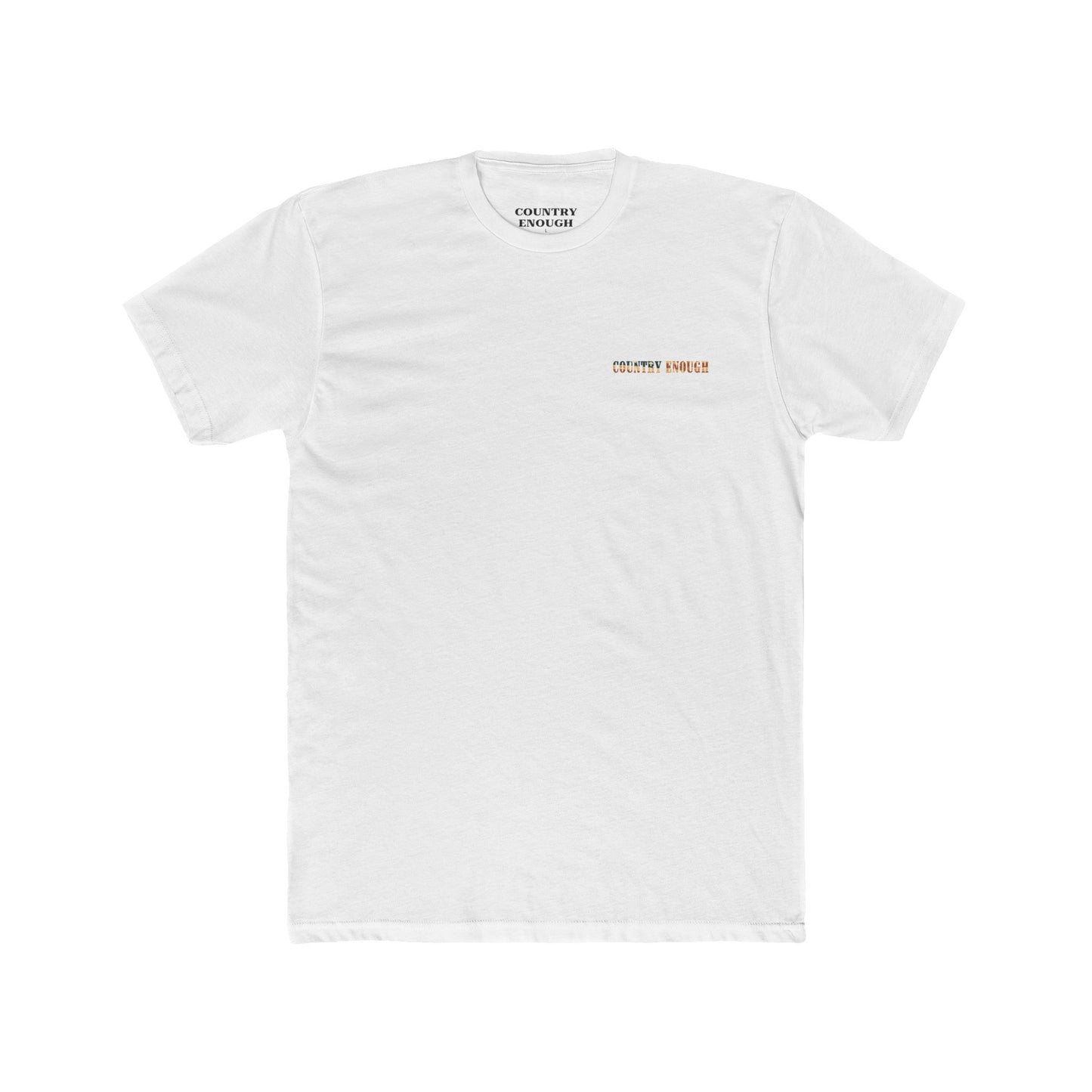 White t-shirt with graphic of western horse and rider holding the American flag in the desert with cacti at sunset #white