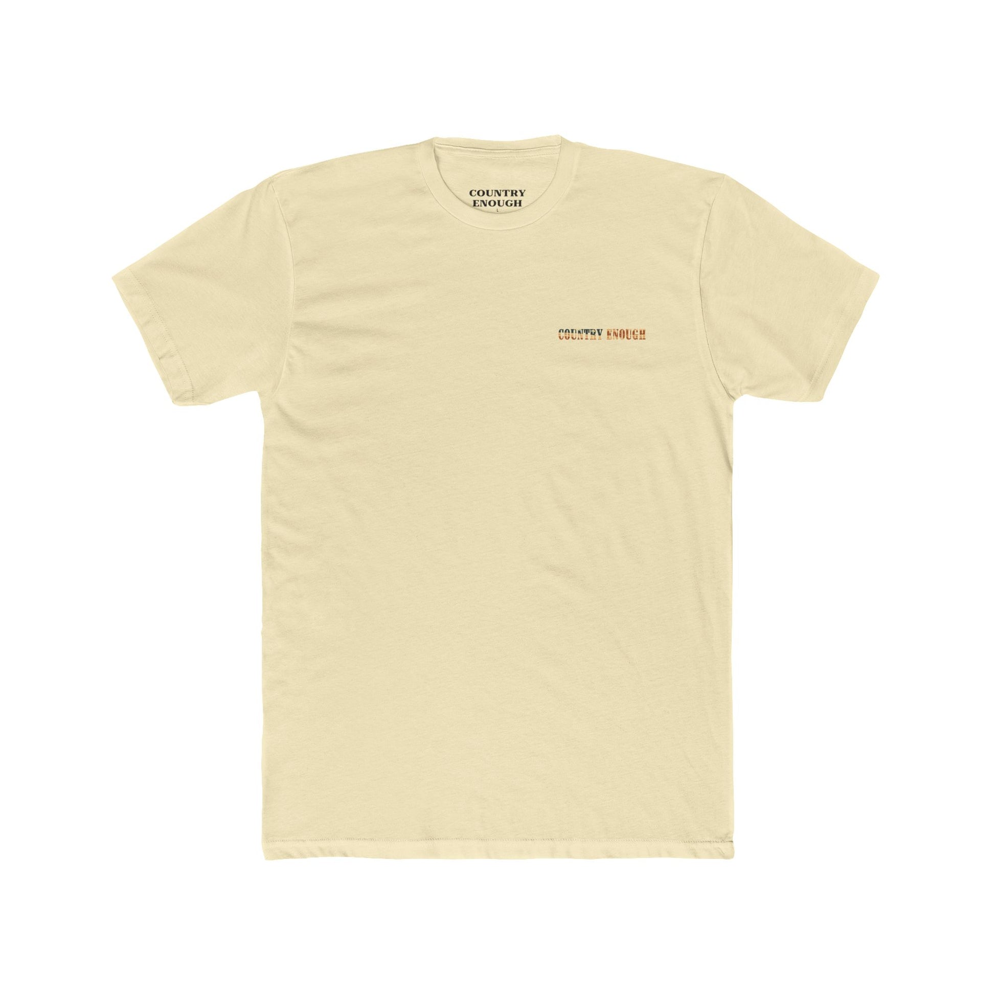 Natural t-shirt with graphic of western horse and rider holding the American flag in the desert with cacti at sunset #natural