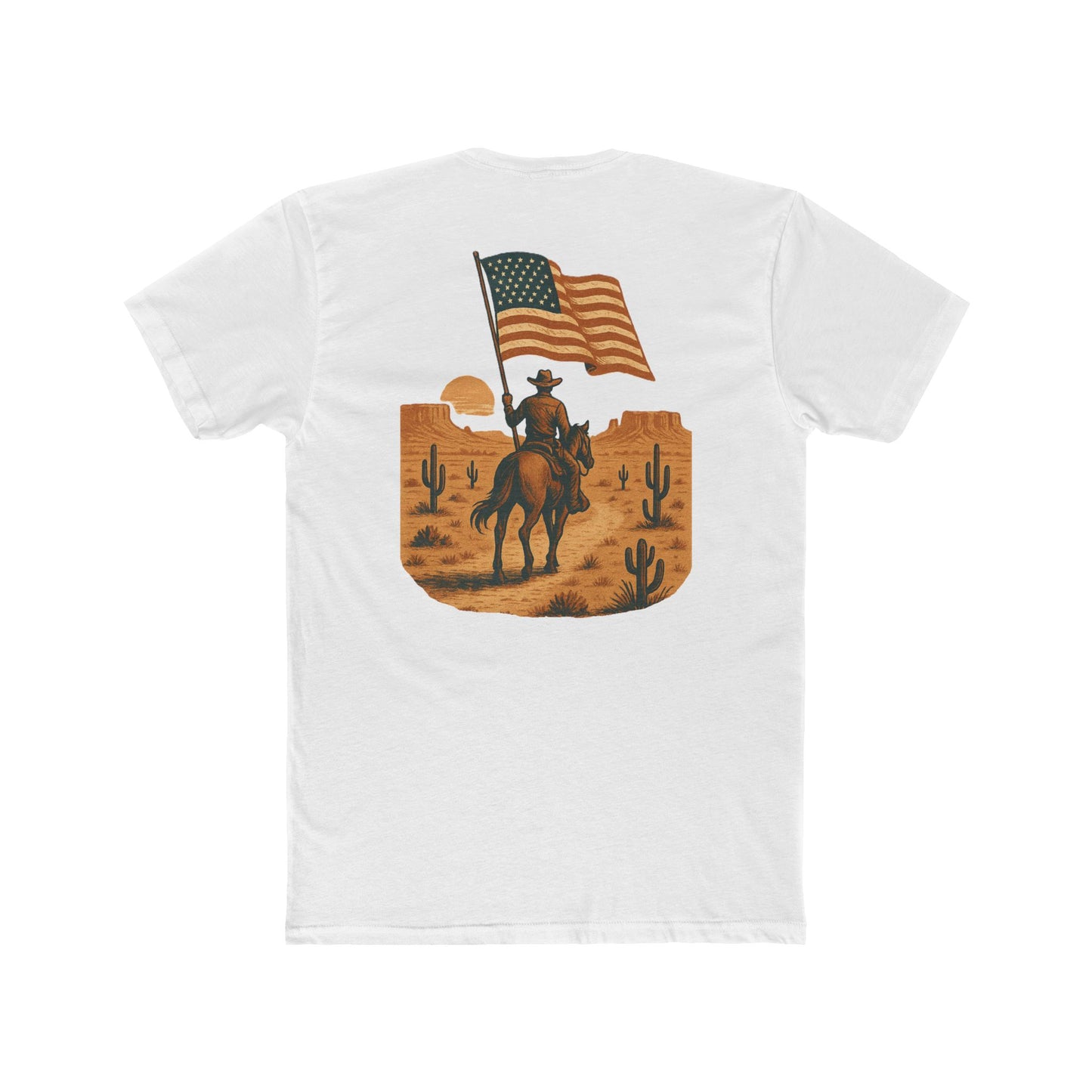 White t-shirt with graphic of western horse and rider holding the American flag in the desert with cacti at sunset #white