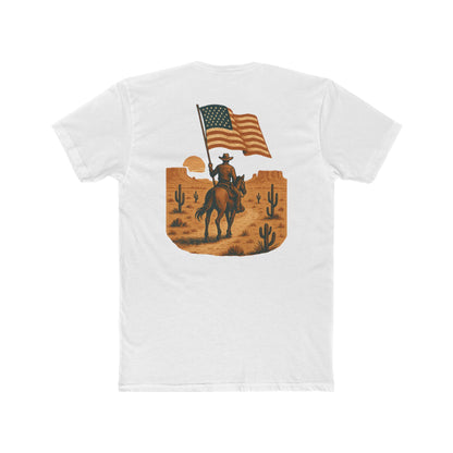White t-shirt with graphic of western horse and rider holding the American flag in the desert with cacti at sunset #white