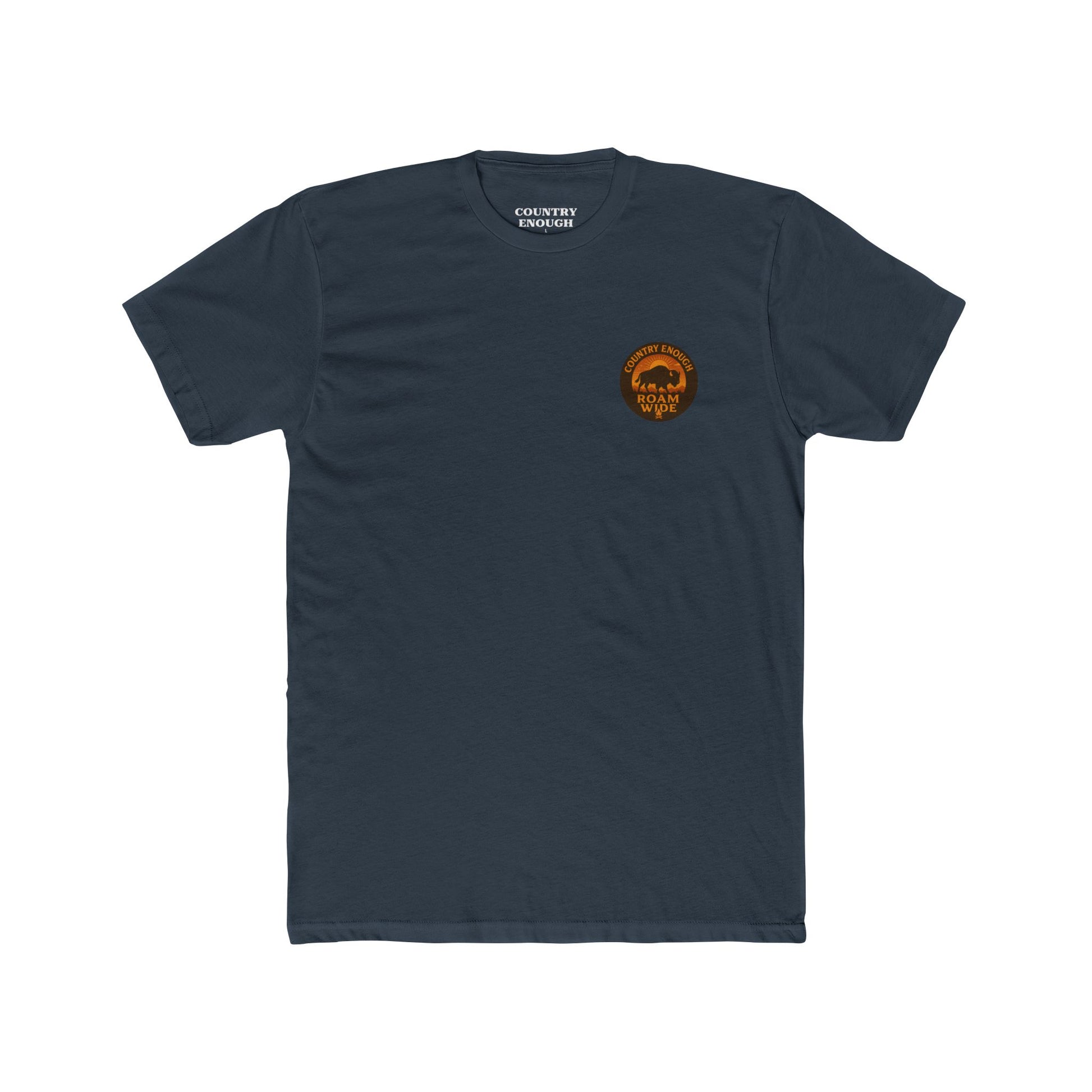 Indigo t-shirt with circular graphic with a bison, mountains, campfire, sun shining, and the words roam wide #indigo