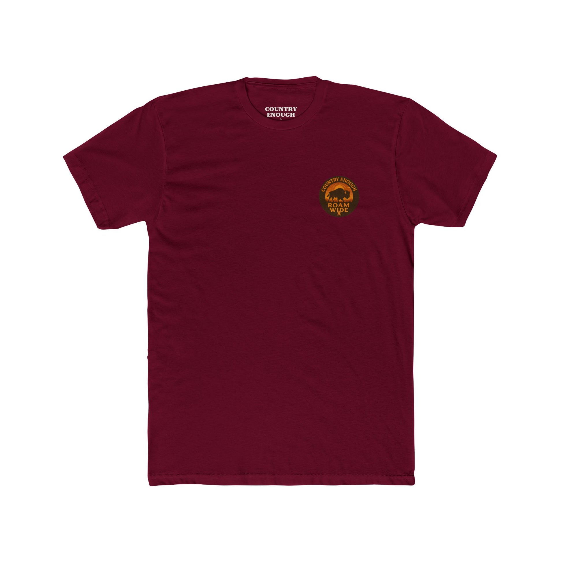 Cardinal Red t-shirt with circular graphic with a bison, mountains, campfire, sun shining, and the words roam wide #cardinalred