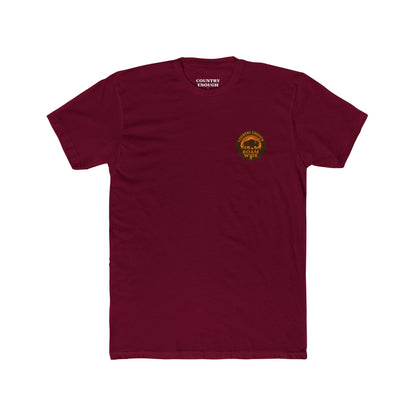 Cardinal Red t-shirt with circular graphic with a bison, mountains, campfire, sun shining, and the words roam wide #cardinalred