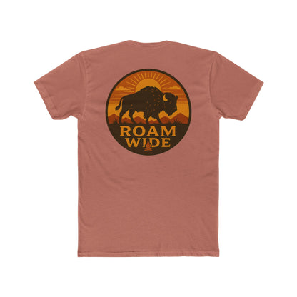 Desert Pink t-shirt with circular graphic with a bison, mountains, campfire, sun shining, and the words roam wide #desertpink