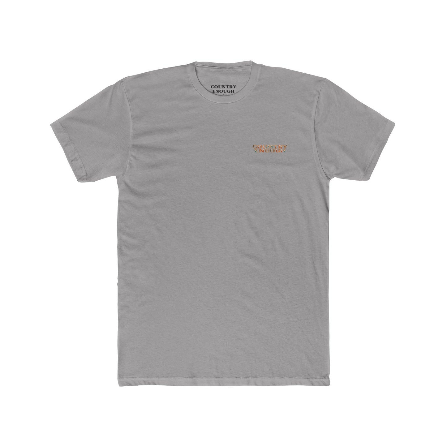 Gray t-shirt with graphic of a campfire, bird, sun, cacti, and mountains in the desert with the words roam wide #gray