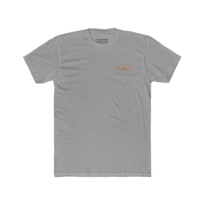 Gray t-shirt with graphic of a campfire, bird, sun, cacti, and mountains in the desert with the words roam wide #gray