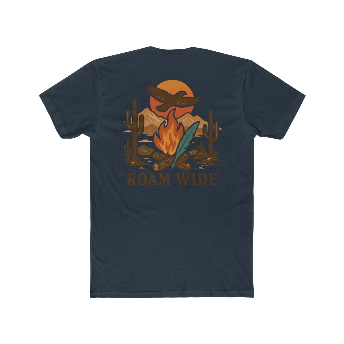 Indigo t-shirt with graphic of a campfire, bird, sun, cacti, and mountains in the desert with the words roam wide #indigo