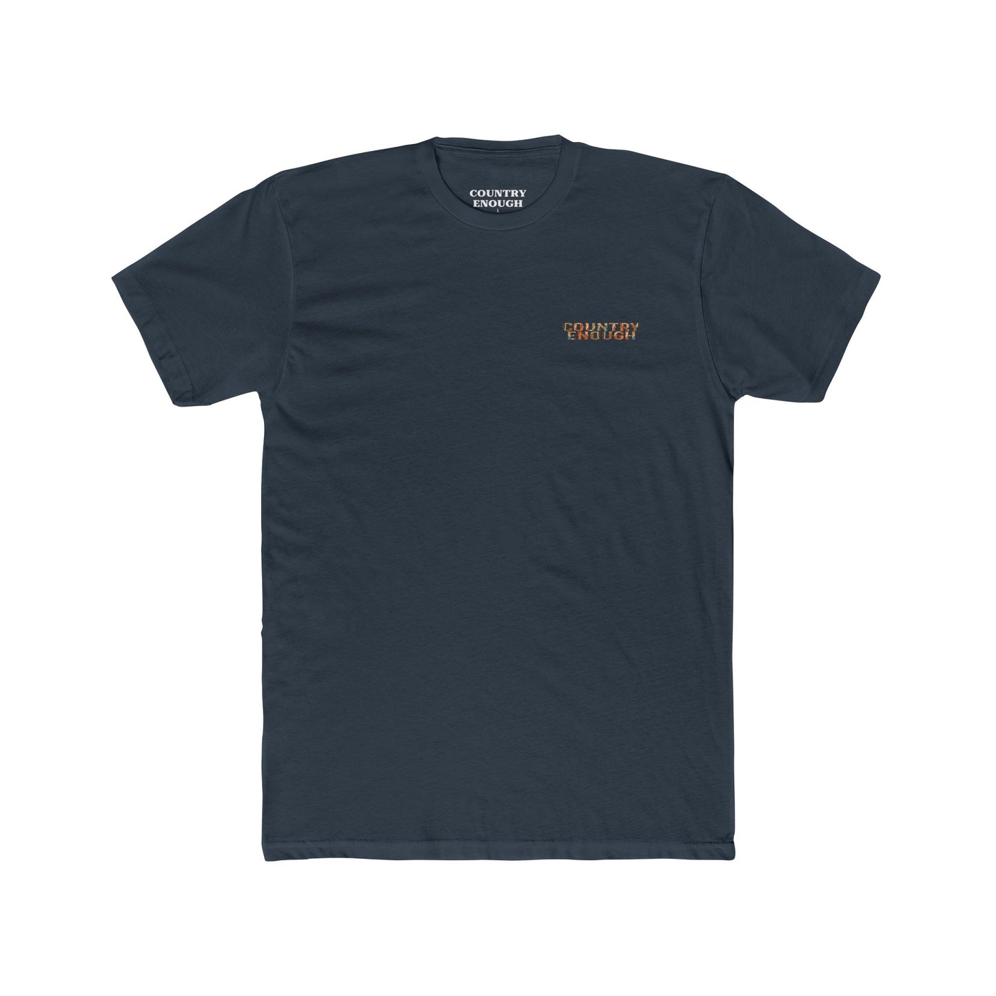 Indigo t-shirt with graphic of a campfire, bird, sun, cacti, and mountains in the desert with the words roam wide #indigo